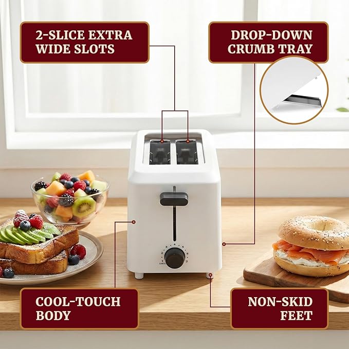 Elite Gourmet ECT-1027 Cool Touch Toaster, 7 Toast Settings Cancel Functions, Slide Out Crumb Tray, Extra Wide 1.5" Slots for Bagels Waffles Specialty Breads, Puff Pastry, Snacks, White