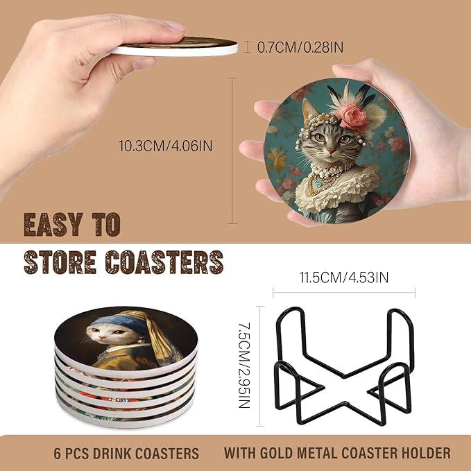 Drink Coasters Set of 6, Cat Coasters, Funny Ceramic Stone Coaster, with Cork Base and Metal Holder, Absorbent Round Non-Slip Drink Coffee Bar Mug Cup Coaster Cat Decor Gifts
