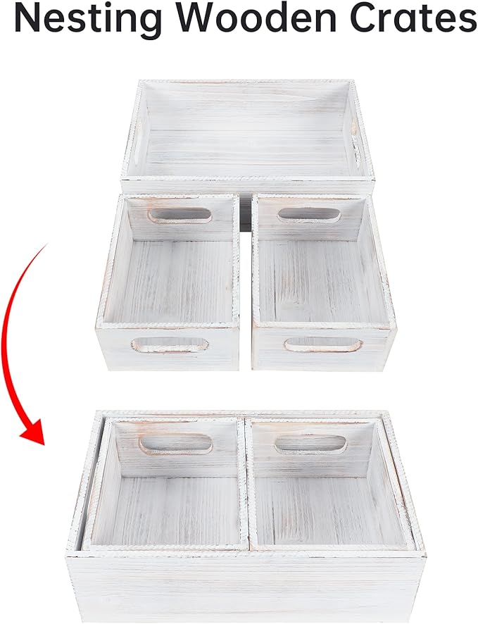 PHOENANCEE Wooden Crate For Storage,Wood Decorative Display Crate Box Set of 3,Rustic Nesting Boxes with Handles,Farmhouse Container Basket Bin Home Decor with Natural Wood Aroma L+M+S