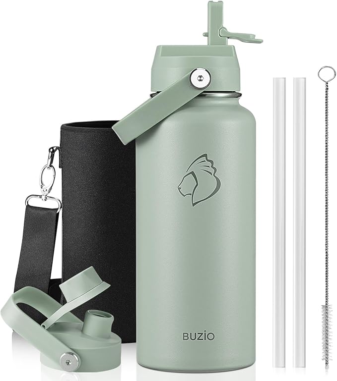 BUZIO 32 oz Water Bottle Insulated, Leakproof Stainless Steel Flask (Cold for 48 Hrs), Wide Mouth BPA-Free Metal Thermo Hydro Canteen with 2 Lids, Sage Green