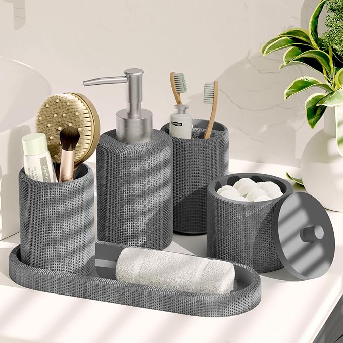 Clara Clark Bathroom Set - Grey Bathroom Accessories Set, 19PC Bathroom Accessory Set, Bathroom Sets with Shower Curtain Set, Soap Dispenser & Toothbrush Holder