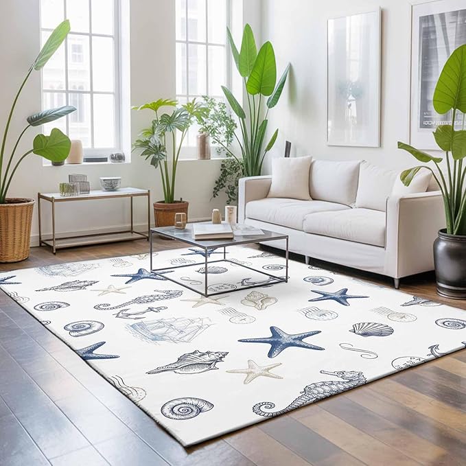 Area Rug 3x5ft, Ocean Starfish Seahorse Shell Conch Washable Rugs for Living Room Bedroom, Nautical Compass Anchor Soft Non-Slip Area Rugs Rectangle Floor Carpet for Dining Room