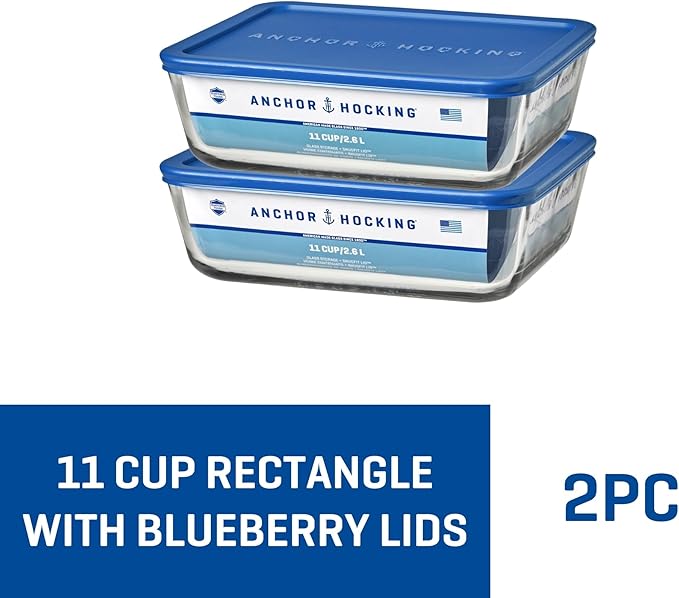Anchor Hocking 11-Cup Glass Storage Containers with Lids, Set of 2 Glass Food Storage Containers with Blueberry SnugFit Lids