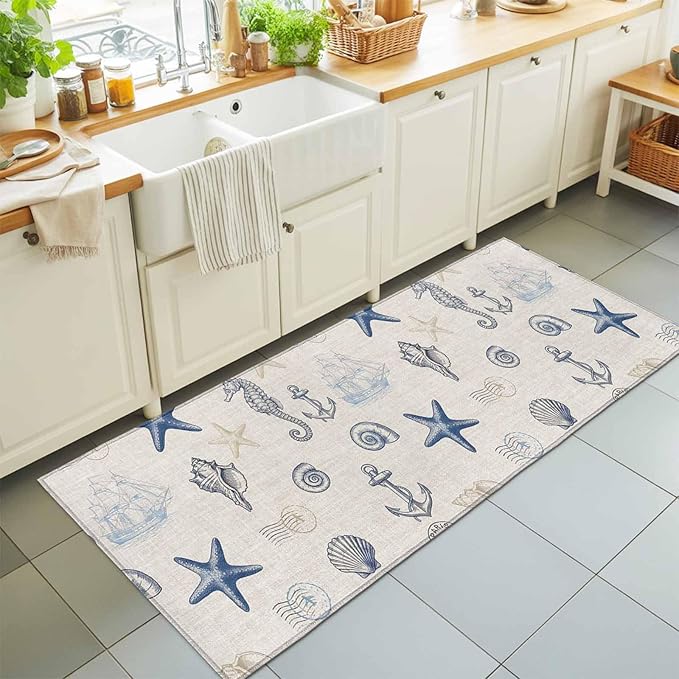 Runner Rug for Bedroom Hallway, Coastal Seahorse Starfish Shell Conch Kitchen Runner Rugs Area Rug 2x6ft, Vintage Nautical Anchor Washable Soft Floor Carpet for Entryway Stair