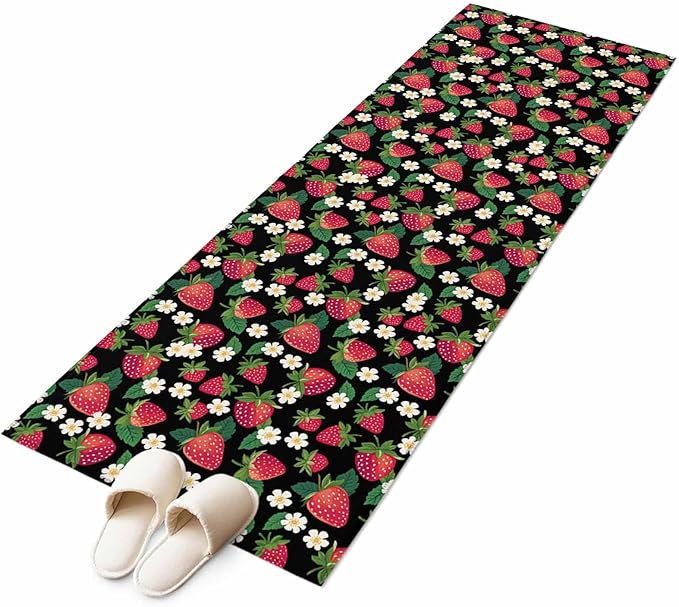 Runner Rug for Bedroom Hallway, Red Strawberry Litter Flower Leaves on Black Kitchen Runner Rugs Area Rug 2x6ft, Summer Fruit Washable Soft Floor Carpet for Entryway Stair