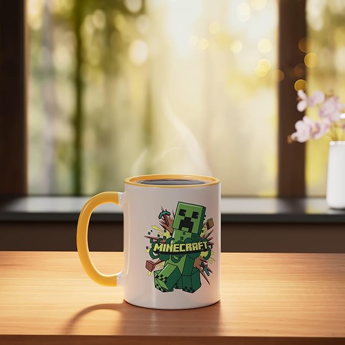 Minecraft Creeper Running From Explosion Ceramic Mug, Yellow/White