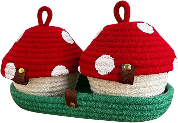 Handmade Mushroom Storage Set–Decorative,Functional Storage for Bathroom,Home Décor,Perfect Gift (Green Grass Basket with 2 Small Mushrooms – Compact and Cute Storage Solution for Any Room)