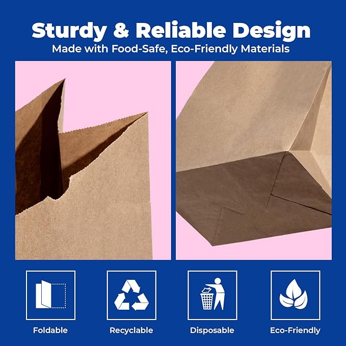 Fit Meal Prep 500 Pack 20 lb Large Brown Paper Bags, 16 x 8 x 5.5” Durable Kraft Paper Bags Bulk for Packing, Delivery, Take Out, Grocery, Retail Shopping, Premium Big Size Paper Sacks for Shopping