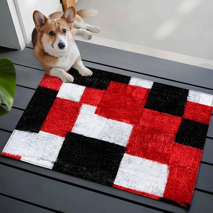 Area Rug 2x3ft, Red Black White Gradient Washable Rugs for Living Room Bedroom, Abstract Color Block Soft Non-Slip Area Rugs Rectangle Floor Carpet for Dining Room