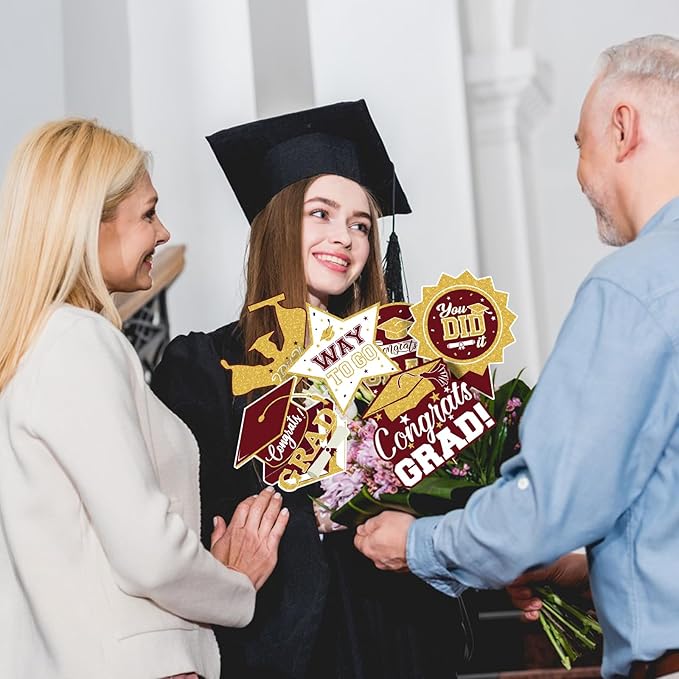 2026 Graduation Party Decorations - 24 Pcs Class of 2026 Congrats Grad Table Centerpieces Graduation Table Decorations Sticks Table Toppers for Graduation Party (Maroon Gold)