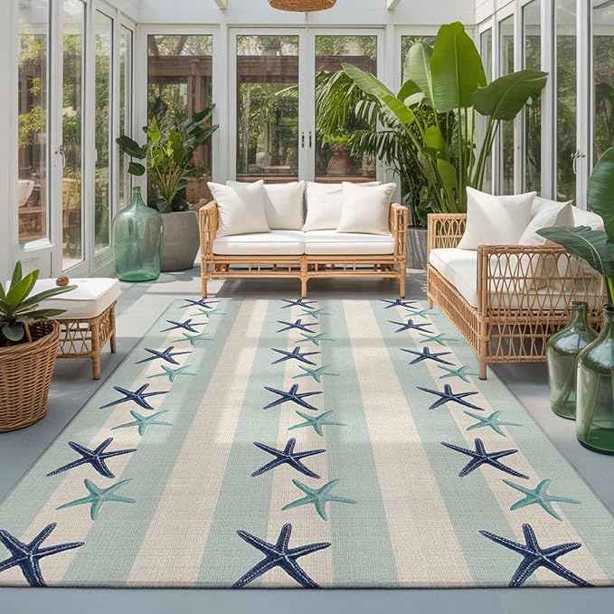 Area Rug 3x5ft, Summer Ocean Blue Teal Starfish Washable Rugs for Living Room Bedroom, Sea Star on Farmhouse Linen Soft Non-Slip Area Rugs Rectangle Floor Carpet for Dining Room