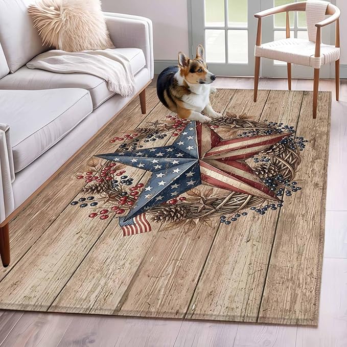 Area Rug 4x6ft, Independence Day USA Flag Star Washable Rugs for Living Room Bedroom, Farm Wood Background Soft Non-Slip Area Rugs Rectangle Floor Carpet for Dining Room