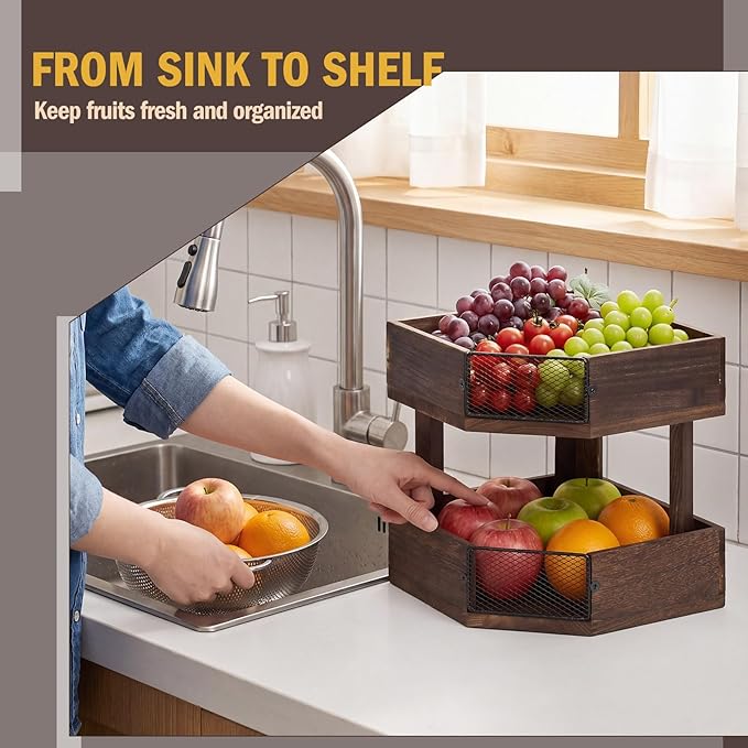 Vicenpal 2 Tier Corner Fruit Basket for Kitchen Countertop Wooden Farmhouse Fruit Bowl Vegetable Basket Produce Stand Storage Holder for Onion Potato, Vegetables, Spice Jars, Bread Storage