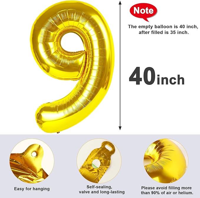 Numbers 9 Balloons Gold Party Decorations for Women Men, 40 In Big Balloons for Engagement, Wedding, Celebration Party, Graduations, Photo Shoot