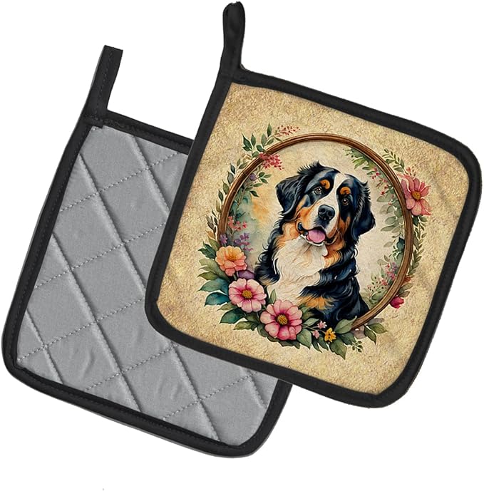 Caroline's Treasures Bernese Mountain Dog and Flowers Pair of Pot Holders Kitchen Heat Resistant Pot Holders Sets Oven Hot Pads for Cooking Baking BBQ, 7 1/2 x 7 1/2