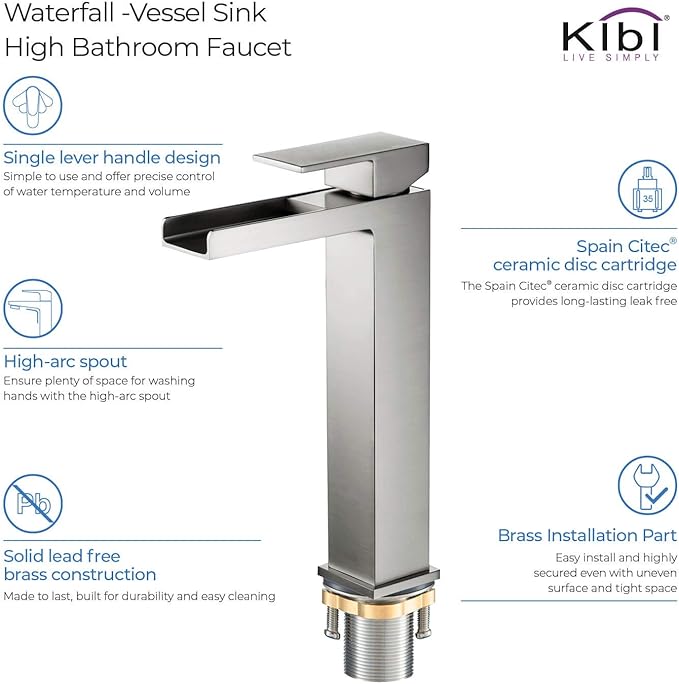 KIBI Waterfall Bathroom Sink Faucet | Single Handle Brass Vanity Faucet with Water Supply Hose | Durable Brass Construction and Smooth Water Flow - Brushed Nickel, KBF1005
