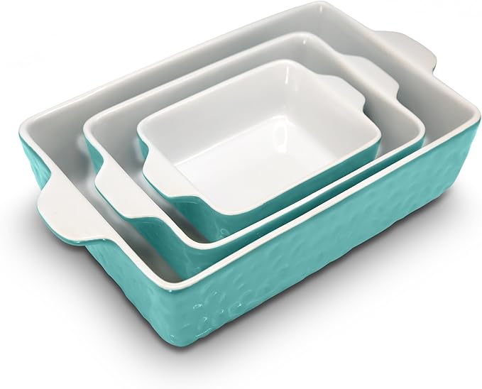 NutriChef 3-pc Casserole Dish Set for Oven, Ceramic Lasagna Baking Dishes, Deep Serving Dish with Handles - Aqua, (14.7"/ 10.8"/ 7.9")