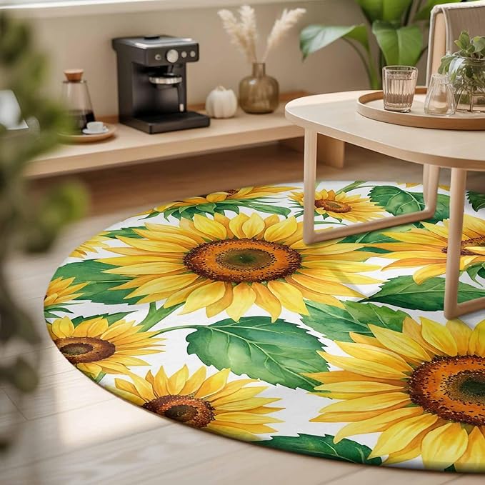 Washable Round Area Rug Summer Garden Sunflower Leaves Circle Rugs Floor Carpet for Living Room Bedroom, Farm Blossom Floral Soft Non Slip Round Rug 3ft
