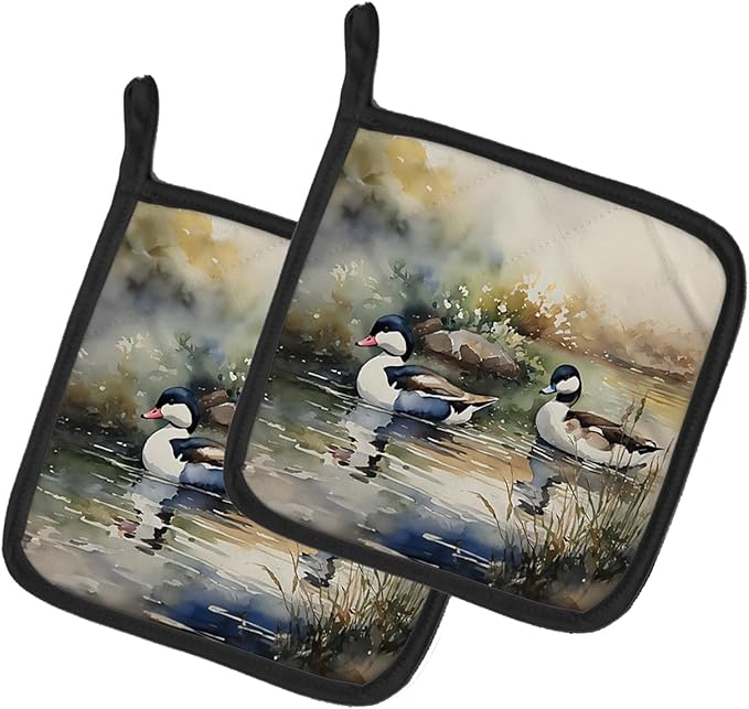Caroline's Treasures Bufflehead Pair of Pot Holders Kitchen Heat Resistant Pot Holders Sets Oven Hot Pads for Cooking Baking BBQ, 7 1/2 x 7 1/2