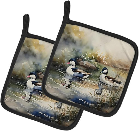 Caroline's Treasures Bufflehead Pair of Pot Holders Kitchen Heat Resistant Pot Holders Sets Oven Hot Pads for Cooking Baking BBQ, 7 1/2 x 7 1/2