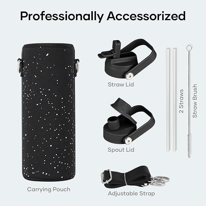 BUZIO 24 oz Insulated Water Bottle, Stainless Steel Wide Mouth Water Flask with Straw Lid, Cold for 48 Hrs Leak Proof Metal Hydro Thermo Canteen Mug, Starry Day & Night