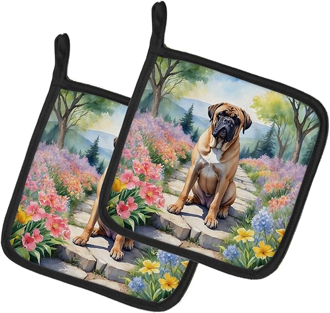 Caroline's Treasures Bullmastiff Spring Path Pair of Pot Holders Kitchen Heat Resistant Pot Holders Sets Oven Hot Pads for Cooking Baking BBQ, 7 1/2 x 7 1/2