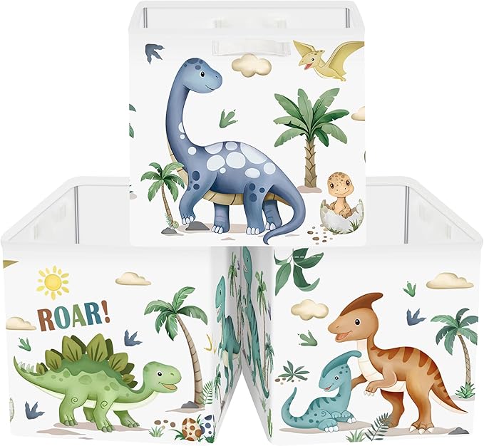Clastyle 3 Pack 11.8'' Fabric Dinosaur Storage Basket for Shelves Collapsible Closet Organizers with Metal Frame Bottom Board Large Kid Clothes Toy Book Cube Bin for Playroom Bedroom,Boho