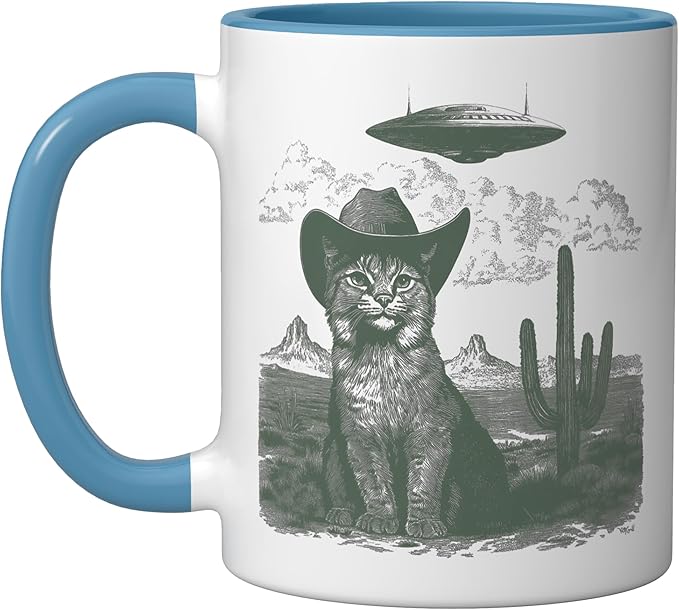 Feline in Hat UFO Sighting Arid Wilderness Cat Design Ceramic Mug, Blue/White
