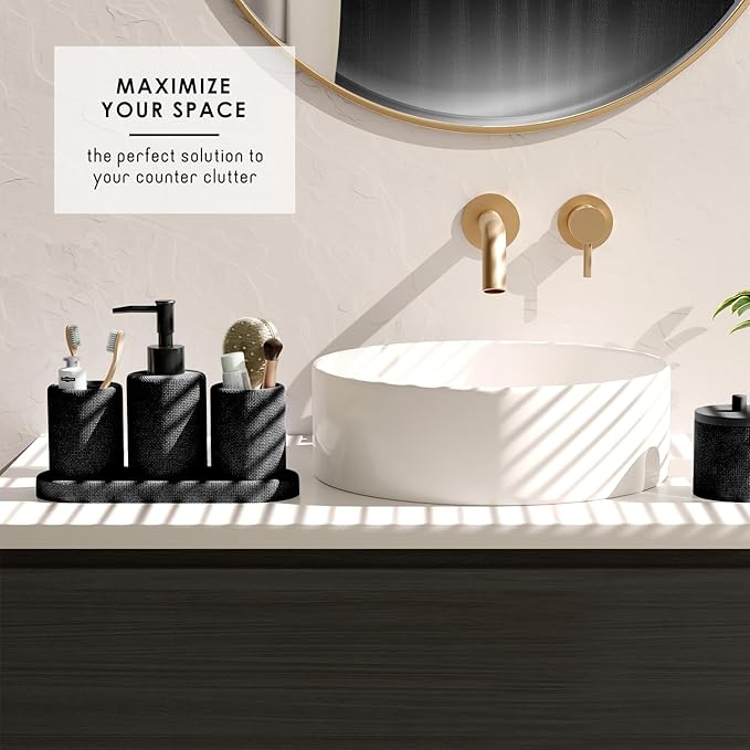 Clara Clark Bathroom Set - Black Bathroom Accessories Set, 24PC Bathroom Accessory Set, Bathroom Sets with Shower Curtain Set, Adhesive Corner Shower Caddy Hanging & Soap Dispenser