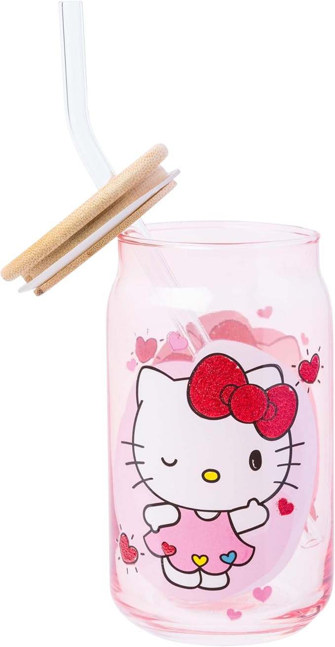 Silver Buffalo Sanrio Hello Kitty and Friends Glitter 2 Pack Glass Tumbler with Bamboo Lid and Glass Straw Set Featuring Hello Kitty and Dear Daniel, 16 Ounces