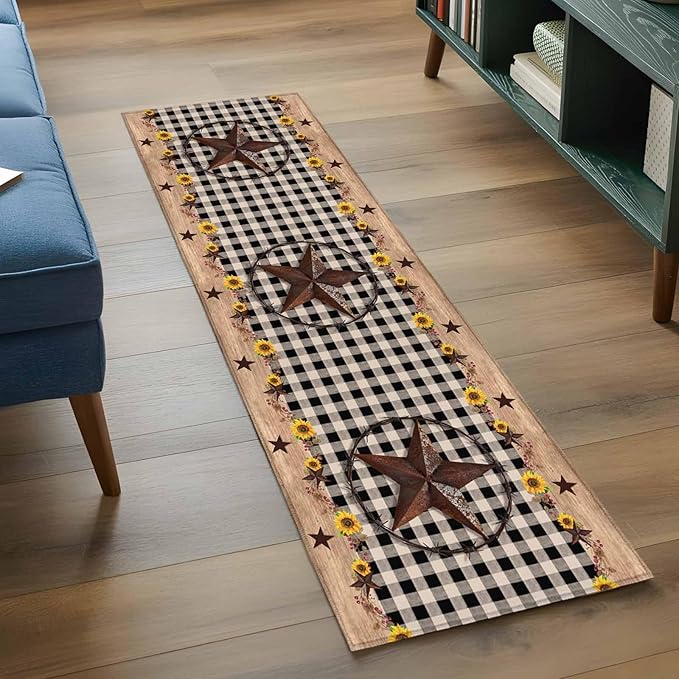 Runner Rug for Bedroom Hallway, Western Star Farm Sunflower Kitchen Runner Rugs Area Rug 2x6ft, Vintage Wood Grain Black Buffalo Plaid Washable Soft Floor Carpet for Entryway Stair