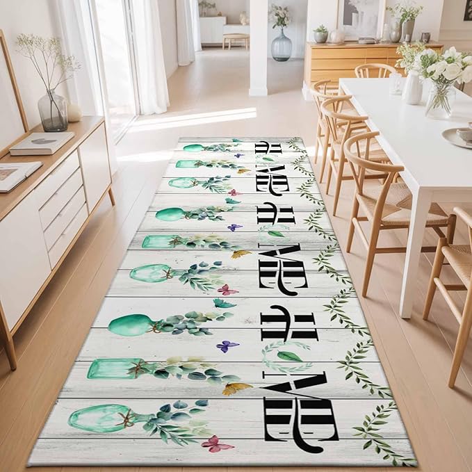 Runner Rug for Bedroom Hallway, Summer Eucalyptus Leaf Colorful Butterfly Kitchen Runner Rugs Area Rug 2x6ft, Home Text Wood Plank Washable Soft Floor Carpet for Entryway Stair