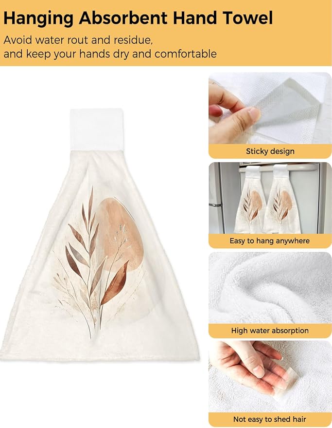 Alandar Home Kitchen Tie Towel Set of 2, Bohemian Color Block Abstract Leaf Absorbent Soft Hand Towels for Bathroom Hanging Towels, Nordic Minimalist Style Fast Drying Cleaning Cloth with Loop