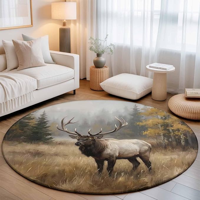 Washable Round Area Rug Brown Animals Elk Circle Rugs Floor Carpet for Living Room Bedroom, Retro Forest Landscape Soft Non Slip Round Rug 3ft