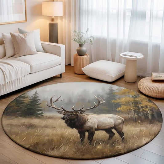 Washable Round Area Rug Brown Animals Elk Circle Rugs Floor Carpet for Living Room Bedroom, Retro Forest Landscape Soft Non Slip Round Rug 3ft