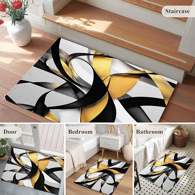 Area Rug 2x3ft, Modern Geometric Stripe Texture Washable Rugs for Living Room Bedroom, Abstract Gold Black White Line Soft Non-Slip Area Rugs Rectangle Floor Carpet for Dining Room