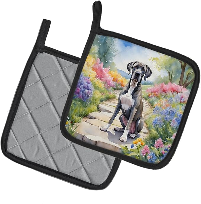 Caroline's Treasures Great Dane Spring Path Pair of Pot Holders Kitchen Heat Resistant Pot Holders Sets Oven Hot Pads for Cooking Baking BBQ, 7 1/2 x 7 1/2