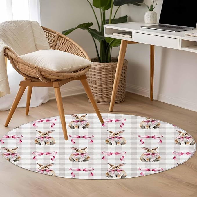 Washable Round Area Rug Easter Rabbit Pink Bow Circle Rugs Floor Carpet for Living Room Bedroom, Seamless Bunny Gray Buffalo Plaid Soft Non Slip Round Rug 3ft