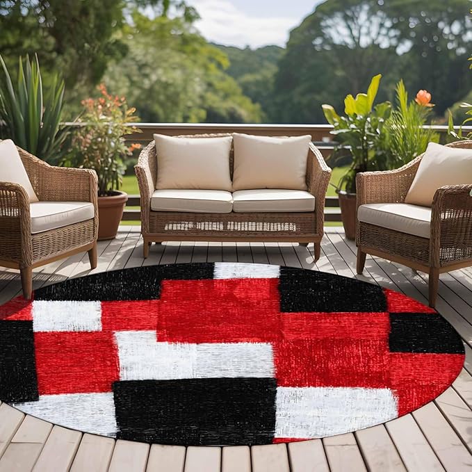Washable Round Area Rug Red Black White Gradient Circle Rugs Floor Carpet for Living Room Bedroom, Abstract Color Block Soft Non Slip Round Rug 5ft