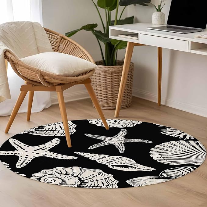 Washable Round Area Rug Marine Starfish Shell Conch Circle Rugs Floor Carpet for Living Room Bedroom, Ocean Life on Black Soft Non Slip Round Rug 4ft