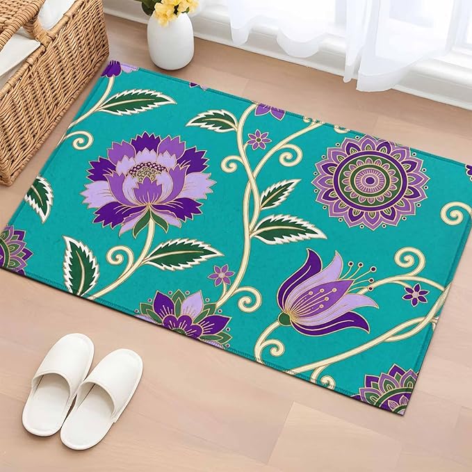 Area Rug 2x3ft, Bohemian Purple Flowers Washable Rugs for Living Room Bedroom, Paisley Floral Art Soft Non-Slip Area Rugs Rectangle Floor Carpet for Dining Room