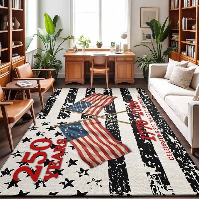 Area Rug 9x12ft, Independence Day 250th Anniversary Washable Rugs for Living Room Bedroom Rectangle Floor Carpet, Retro USA Flags Soft Non-Slip Area Rugs for Dining Room