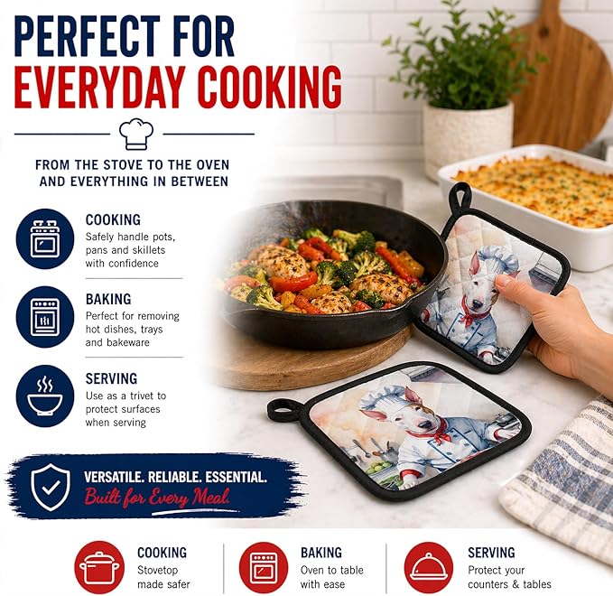 Caroline's Treasures Bull Terrier The Chef Pair of Pot Holders Kitchen Heat Resistant Pot Holders Sets Oven Hot Pads for Cooking Baking BBQ, 7 1/2 x 7 1/2