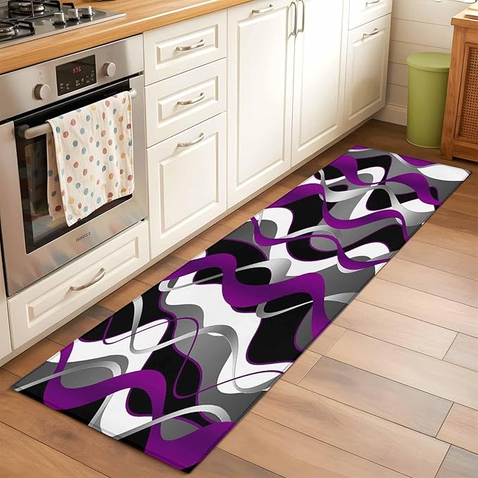 Runner Rug for Bedroom Hallway, Abstract Purple Gray Black White Stripes Kitchen Runner Rugs Area Rug 2x6ft, Modern Lines Washable Soft Floor Carpet for Entryway Stair
