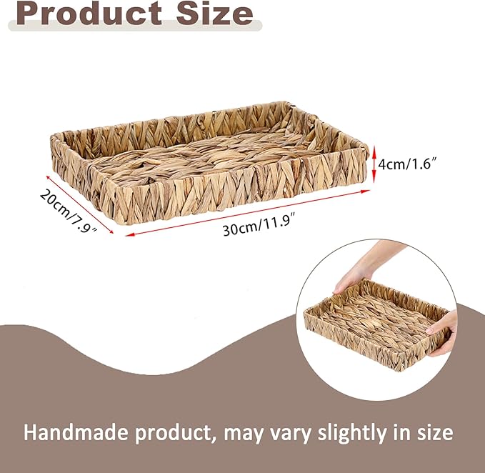 Decorative Key Holder for Entryway Table Handwoven Natural Water Hyacinth Basket Tray Rectangular Serving Tray, 11.9" x 7.9" x 1.6"