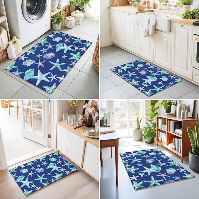 Area Rug 2x3ft, Summer Starfish Shell Conch Washable Rugs for Living Room Bedroom, Marine Creature on Blue Soft Non-Slip Area Rugs Rectangle Floor Carpet for Dining Room