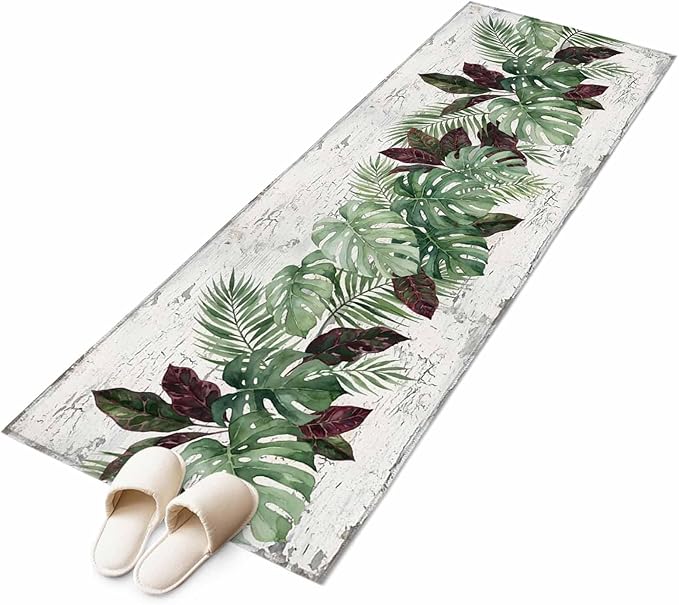 Runner Rug for Bedroom Hallway, Summer Green Monstera Palm Leaves Kitchen Runner Rugs Area Rug 2x6ft, Vintage Botantical Washable Soft Floor Carpet for Entryway Stair