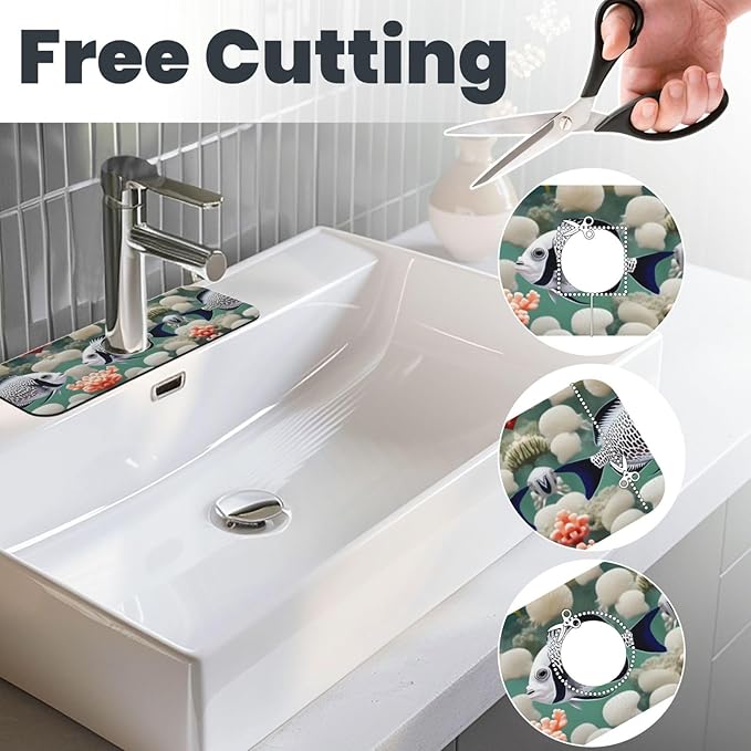 White Tropical Fish Printed Faucet Absorbent mat, Suitable for bathrooms, Kitchens, and Other Sink Areas.