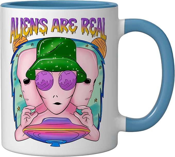 Aliens Are Real UFO Flying Saucer Grey Alien Sci-Fi Art Ceramic Mug, Blue/White