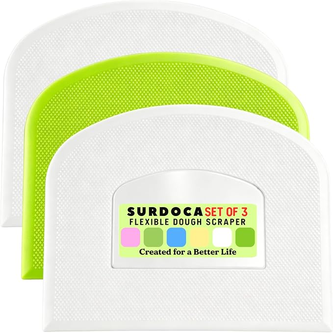 SURDOCA Dough Scraper Bench Scraper - 3P 7.1x4.9" Plastic Flexible Bowl Scraper, Sharp Edge & Angles Cake Scraper. Non-Slip Bakeware Decorating Tools Sculpting & Modeling Tools - White+Green+White